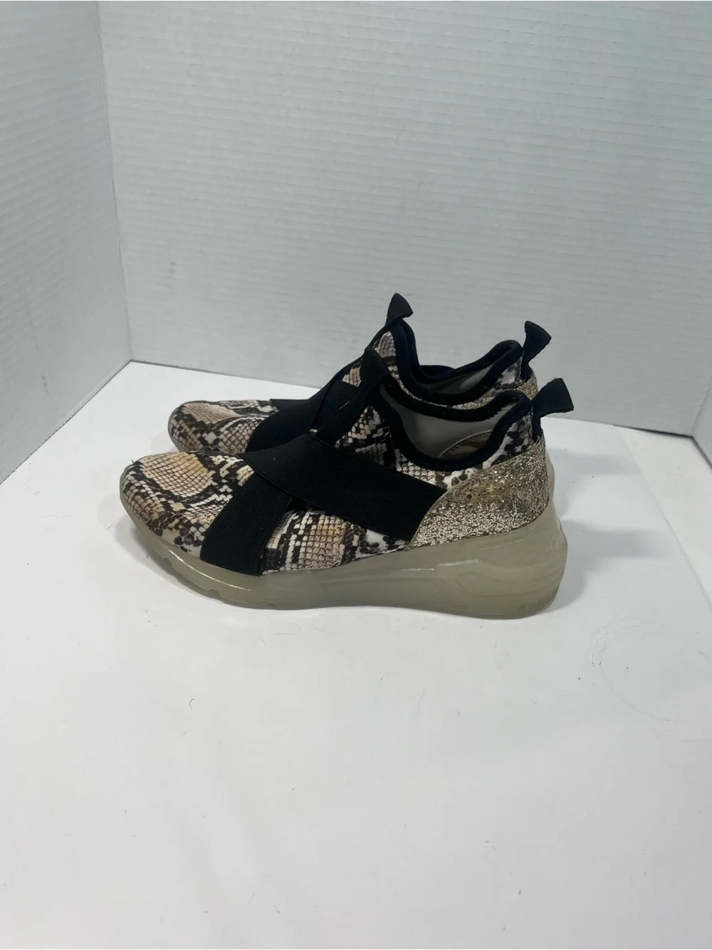 Steve Madden Snake-Print and Glitter Slip-On Sneakers in Beige and Black